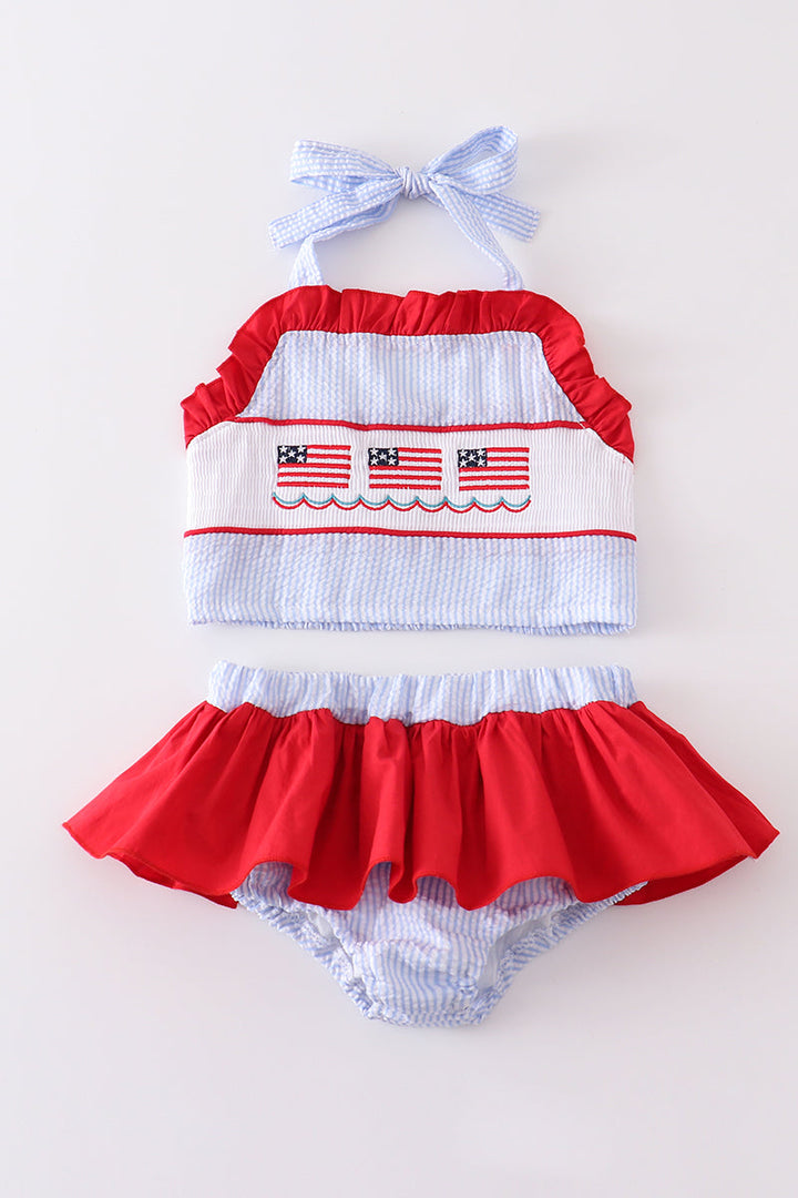 Patriotic Flag Embroidery Smocked Seersucker 2pc Girl Swimsuit