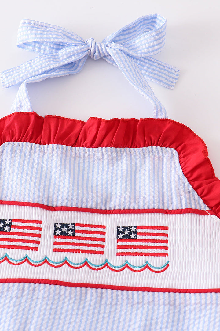 Patriotic Flag Embroidery Smocked Seersucker 2pc Girl Swimsuit