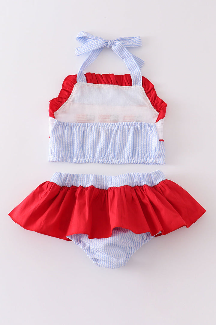 Patriotic Flag Embroidery Smocked Seersucker 2pc Girl Swimsuit