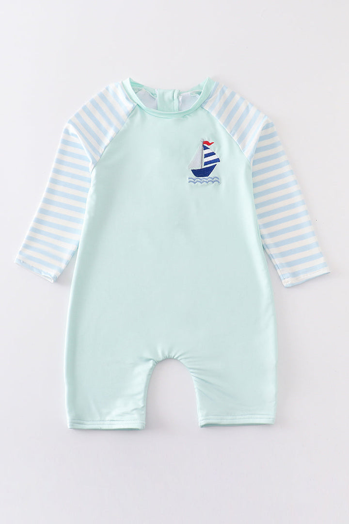 Mint Sailboat Embroidery Boy One-piece Rashguard Swimsuit