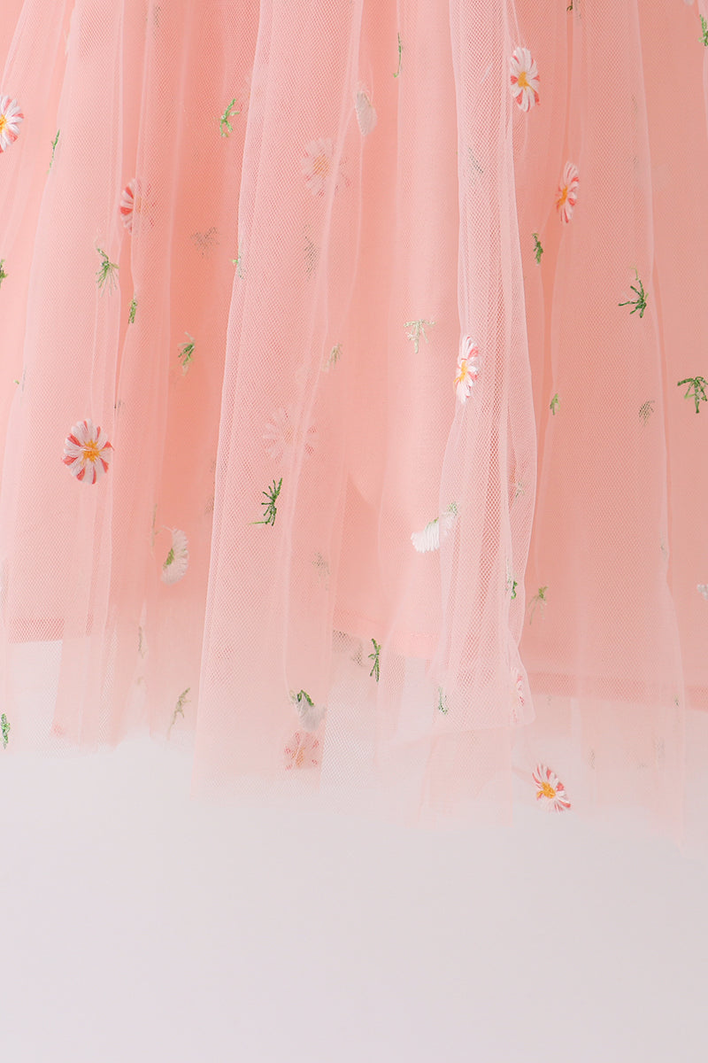 Pink Strap Daisy Embroidery Tulle Dress