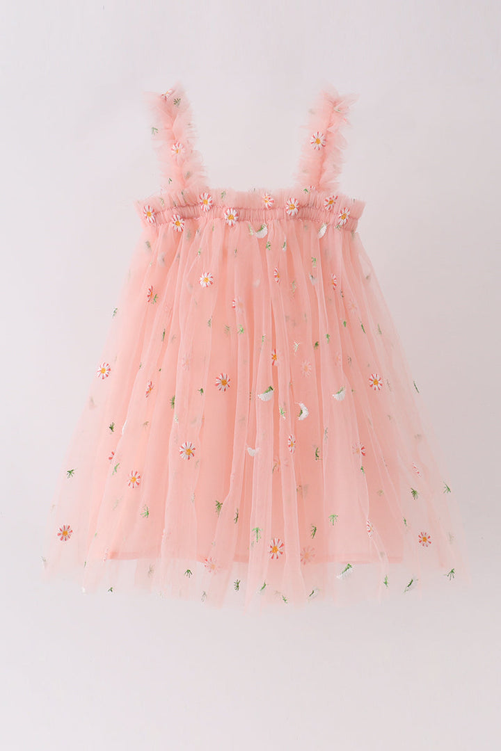 Pink Strap Daisy Embroidery Tulle Dress