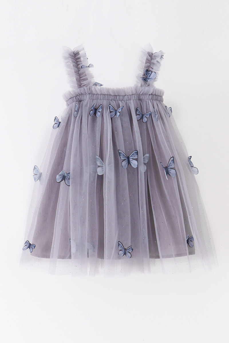 Grey Blue Strap Butterfly Tulle Dress