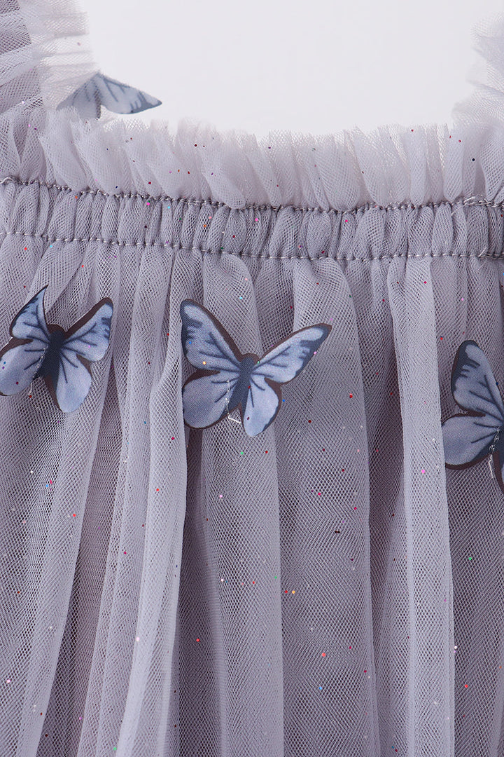 Grey Blue Strap Butterfly Tulle Dress