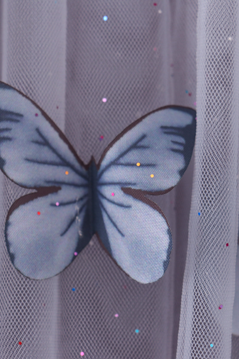 Grey Blue Strap Butterfly Tulle Dress