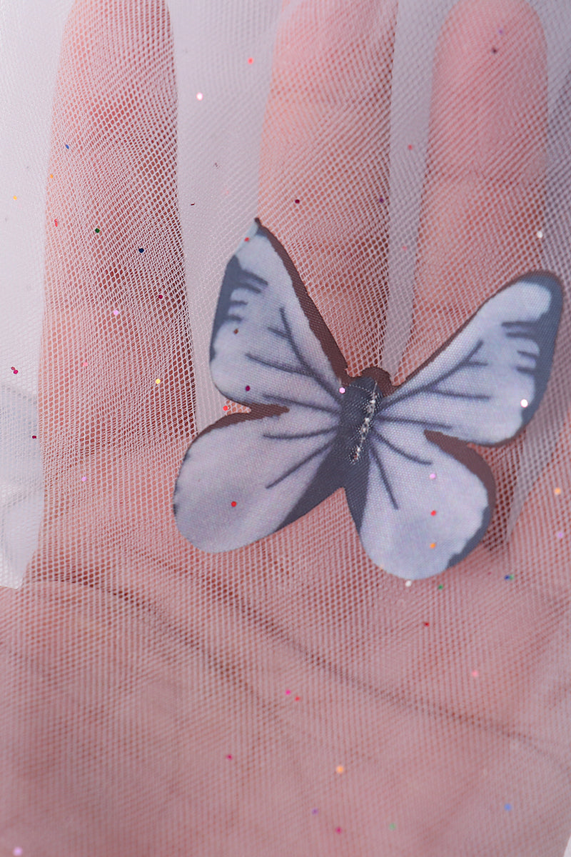 Grey Blue Strap Butterfly Tulle Dress