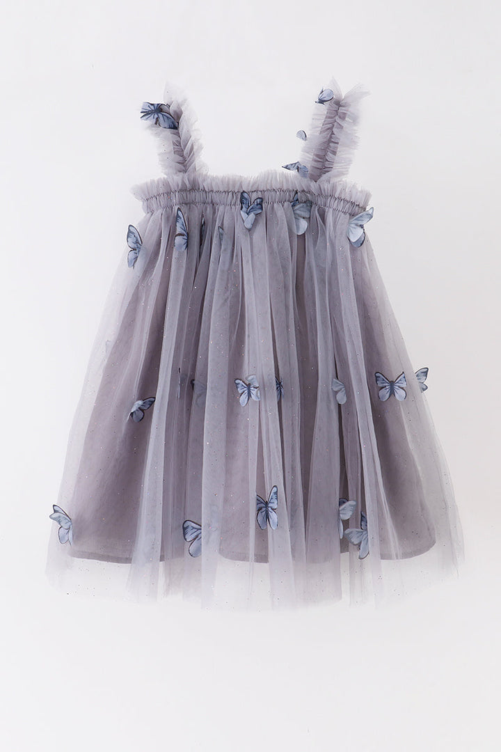 Grey Blue Strap Butterfly Tulle Dress