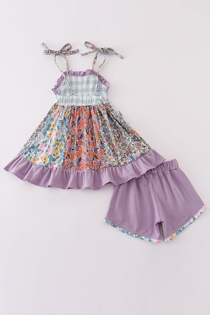 Purple Floral Print Ruffle Girl Set