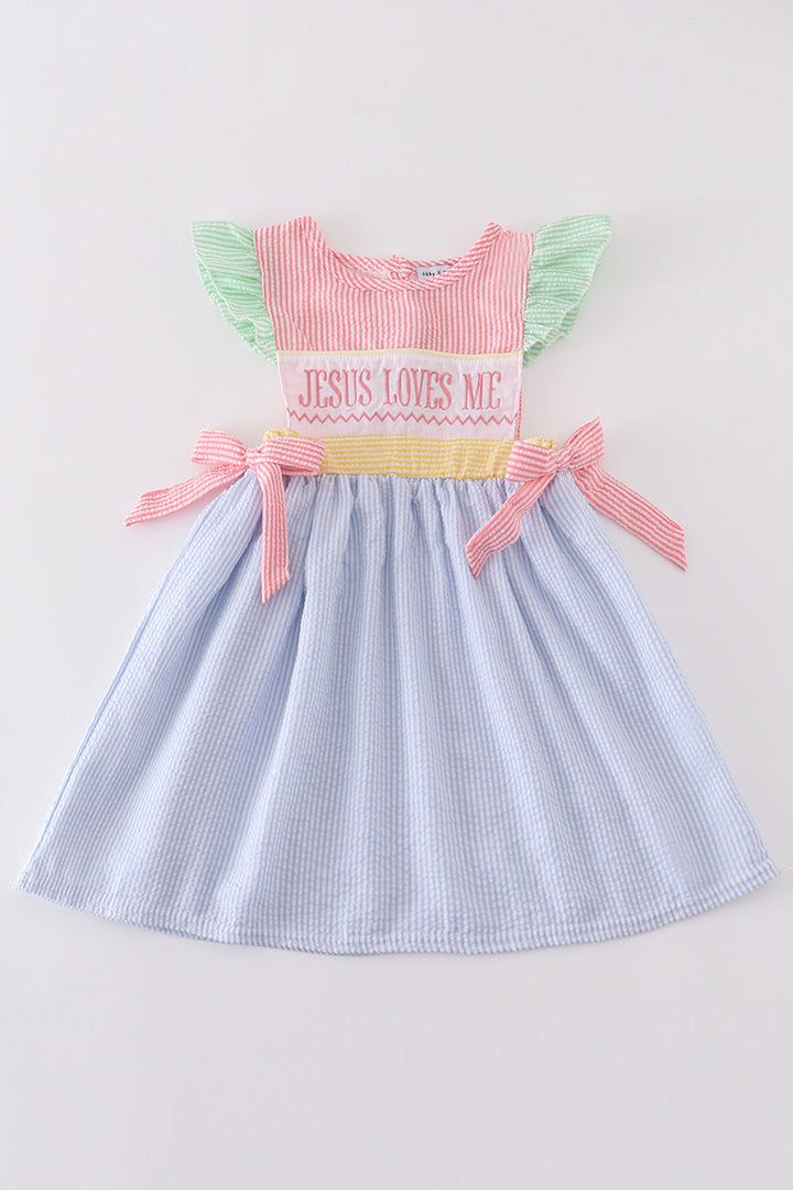 Easter Seersucker Jesus Loves Me Embroidery Dress