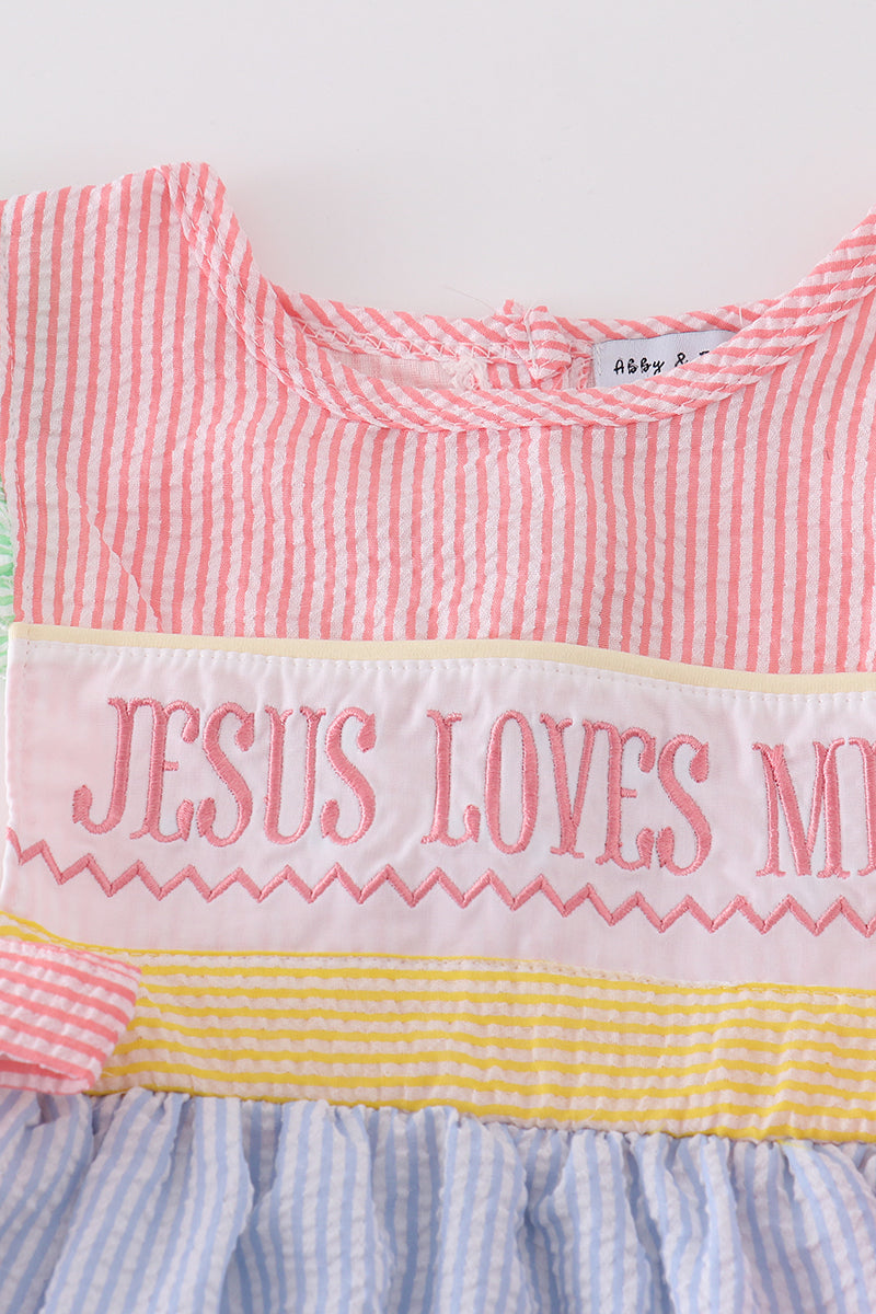 Easter Seersucker Jesus Loves Me Embroidery Dress