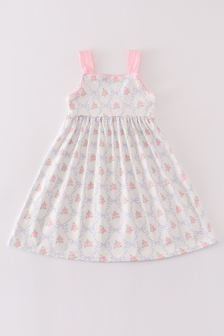 Pink Bow Floral Print Girl Dress