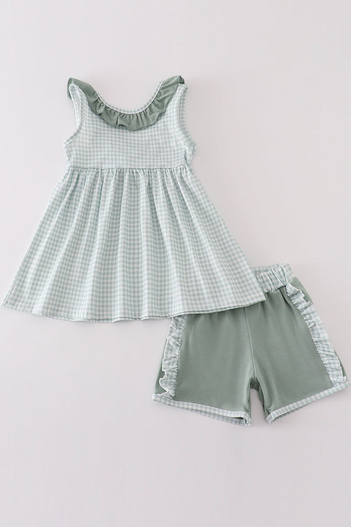 Green Gingham Girl Ruffle Set