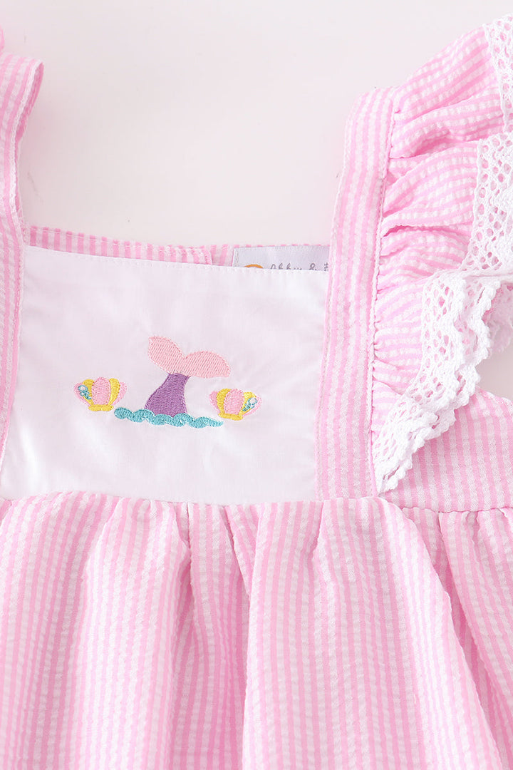 Pink Seersucker Mermaid Embroidery Girl Set