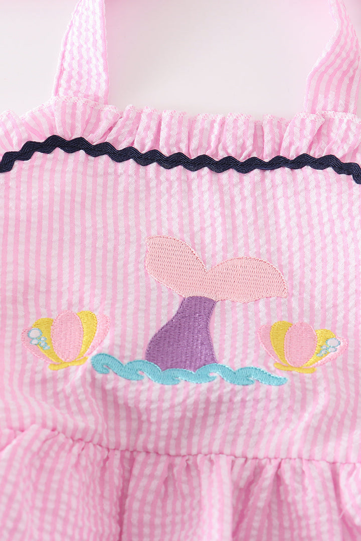 Pink Seersucker Mermaid Embroidery Girl Swimsuit