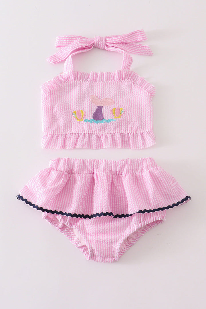 Pink Seersucker Mermaid Embroidery 2pc Girl Swimsuit