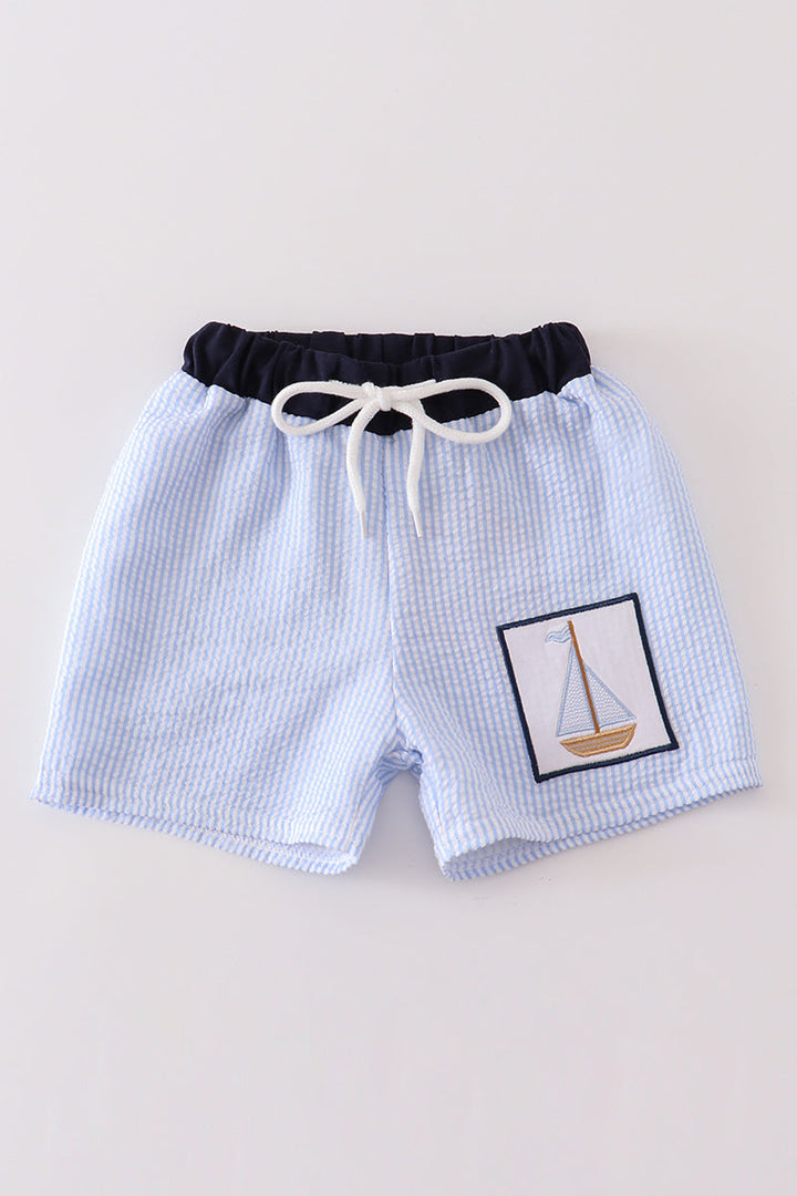 Blue Seersucker Sailboat Embroidery Boy Swim Trunks