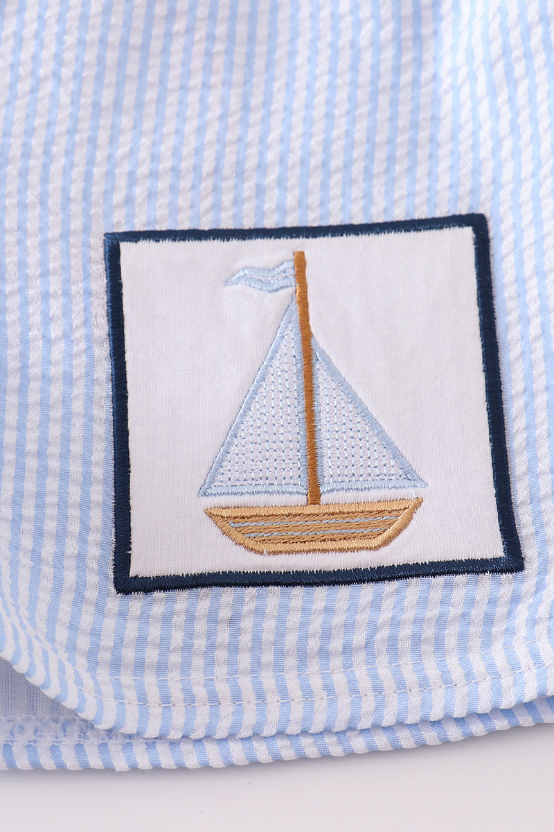 Blue Seersucker Sailboat Embroidery Boy Swim Trunks