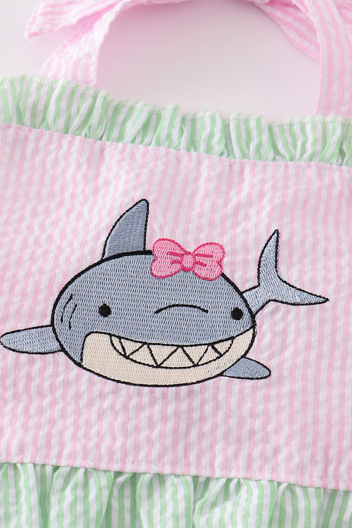 Beige Seersucker Shark Embroidery 2pc Girl Swimsuit