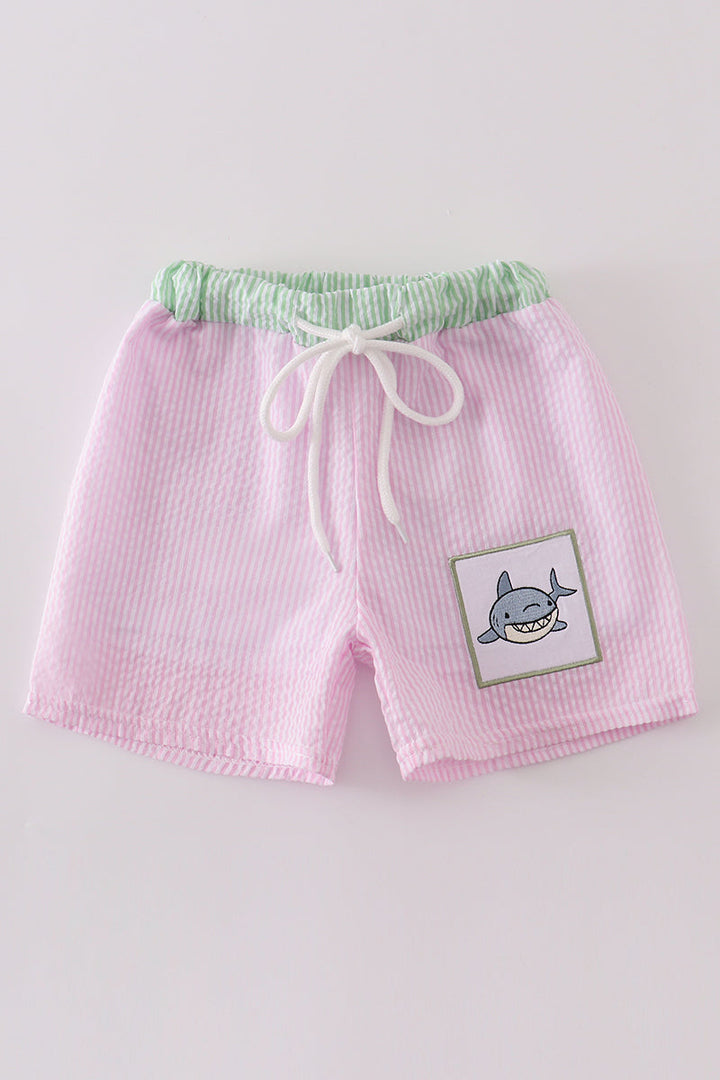 Pink Seersucker Shark Embroidery Boy Swim Trunks