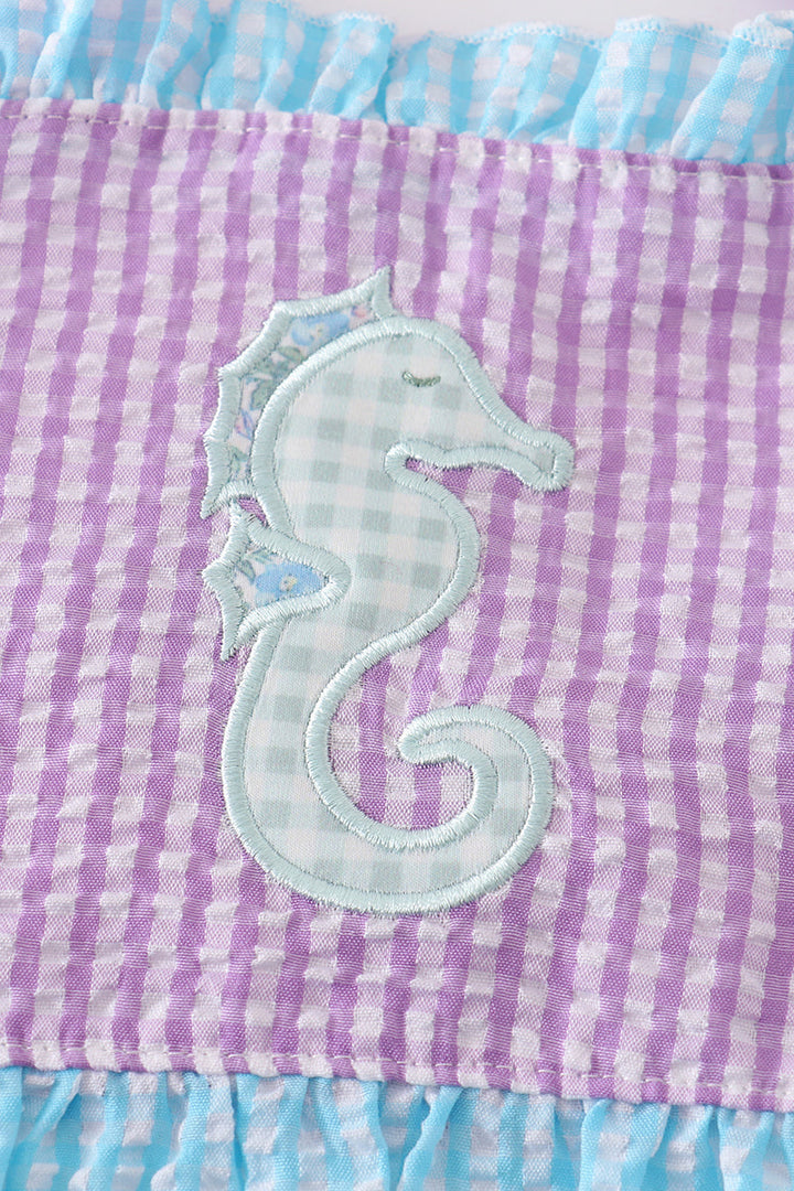 Pink Seersucker Seahorse Applique 2pc Girl Swimsuit