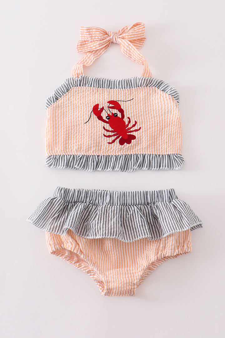 Beige Seersucker Lobster Embroidery 2pc Girl Swimsuit