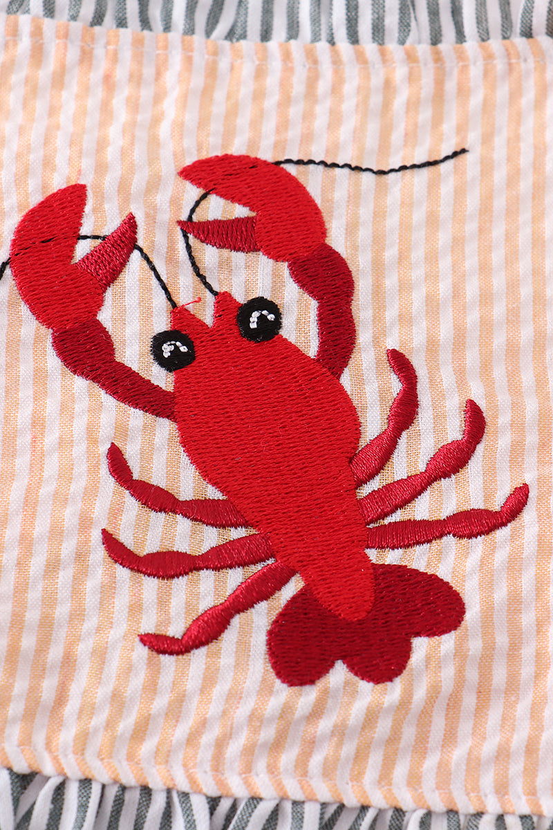 Beige Seersucker Lobster Embroidery 2pc Girl Swimsuit