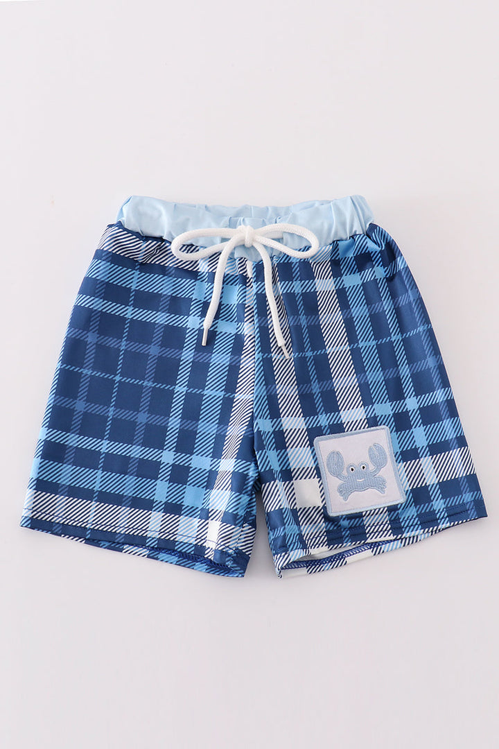 Navy Plaid Crab Embroidery Boy Swim Trunks