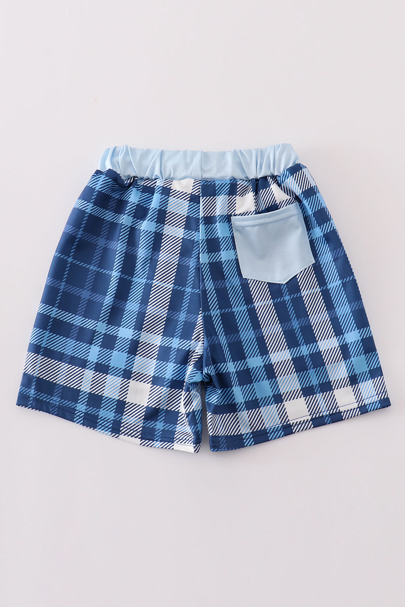 Navy Plaid Crab Embroidery Boy Swim Trunks