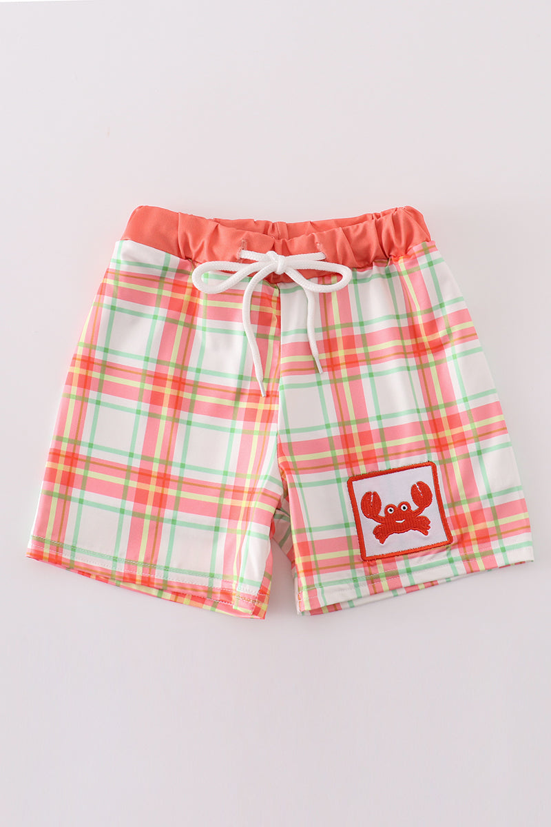 Orange Plaid Crab Embroidery Boy Swim Trunks