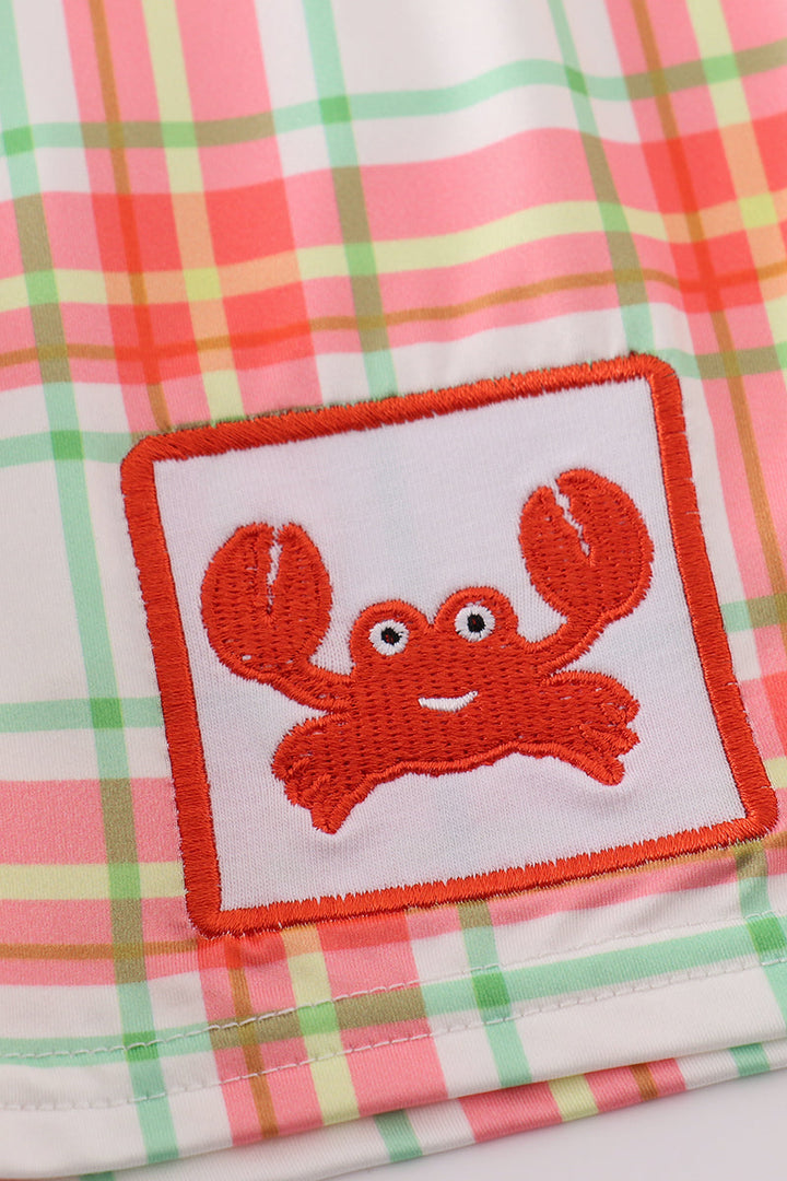 Orange Plaid Crab Embroidery Boy Swim Trunks