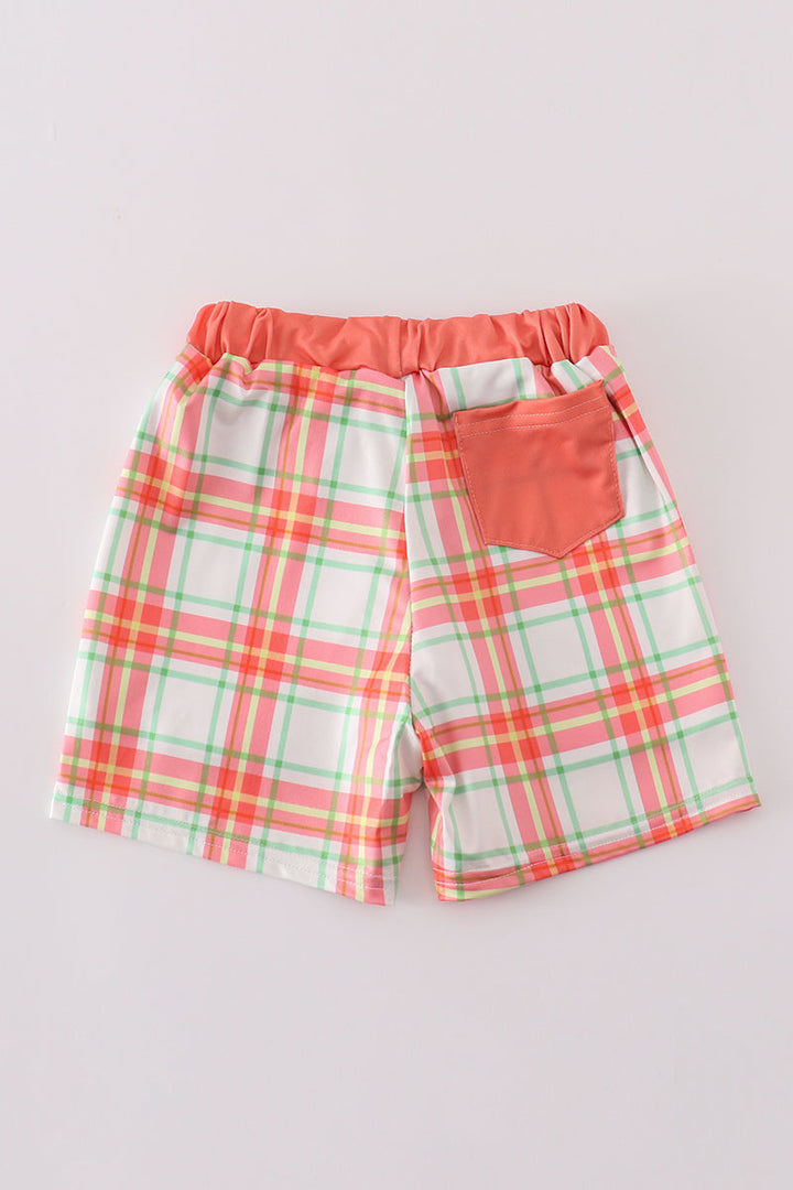 Orange Plaid Crab Embroidery Boy Swim Trunks