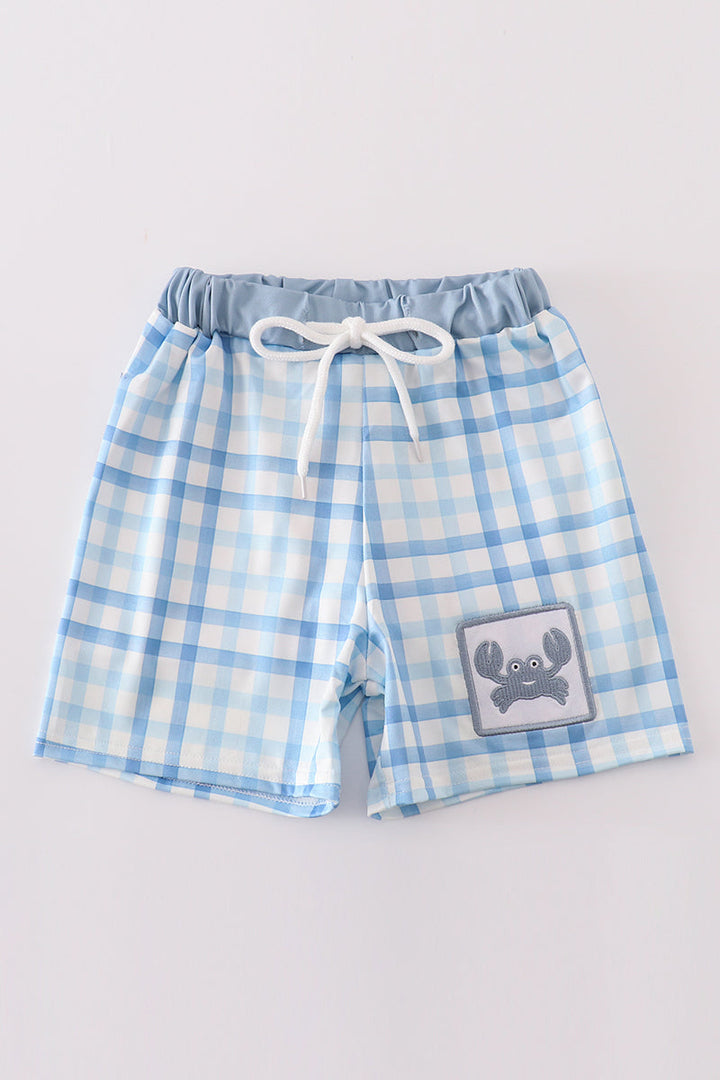 Blue Plaid Crab Embroidery Boy Swim Trunks