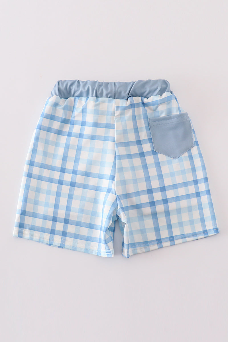 Blue Plaid Crab Embroidery Boy Swim Trunks