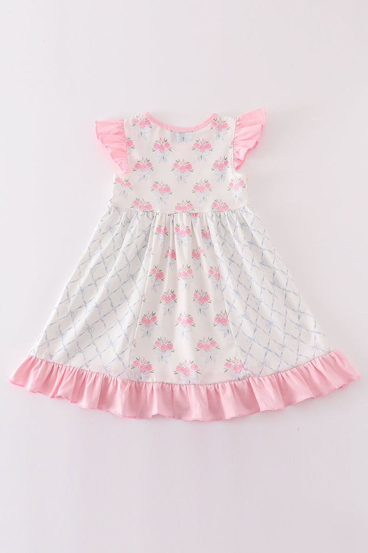 Pink Floral Bow Tie Print Girl Dress