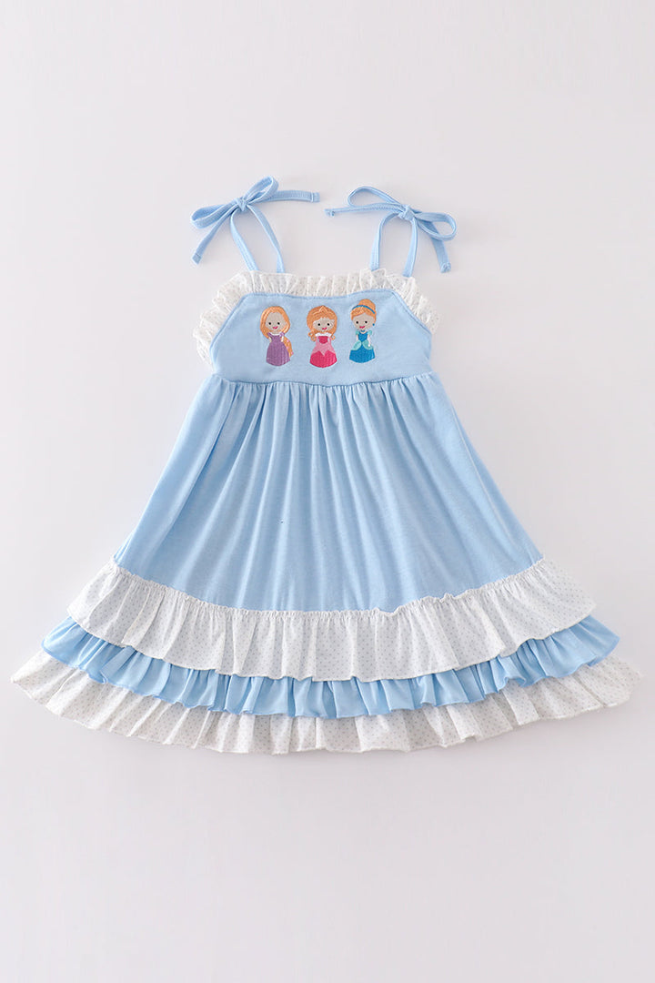 Blue Princess Embroidery Ruffle Dress