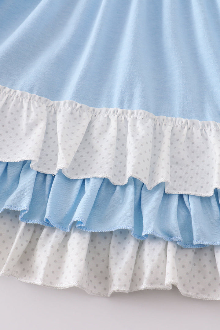 Blue Princess Embroidery Ruffle Dress