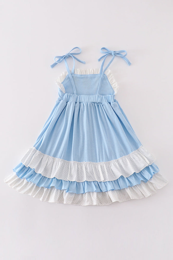 Blue Princess Embroidery Ruffle Dress