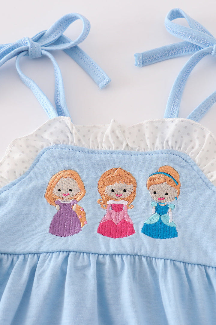 Blue Princess Embroidery Ruffle Girl Bubble