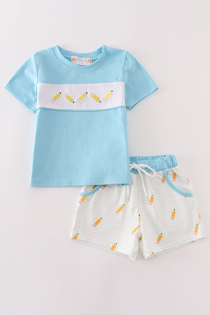 Blue Pencil Embroidery Boy Shorts Set