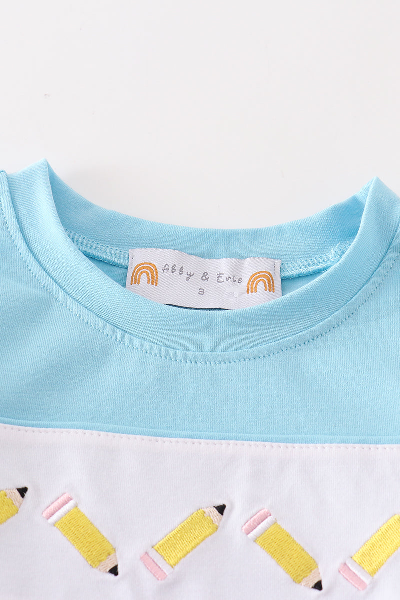 Blue Pencil Embroidery Boy Shorts Set