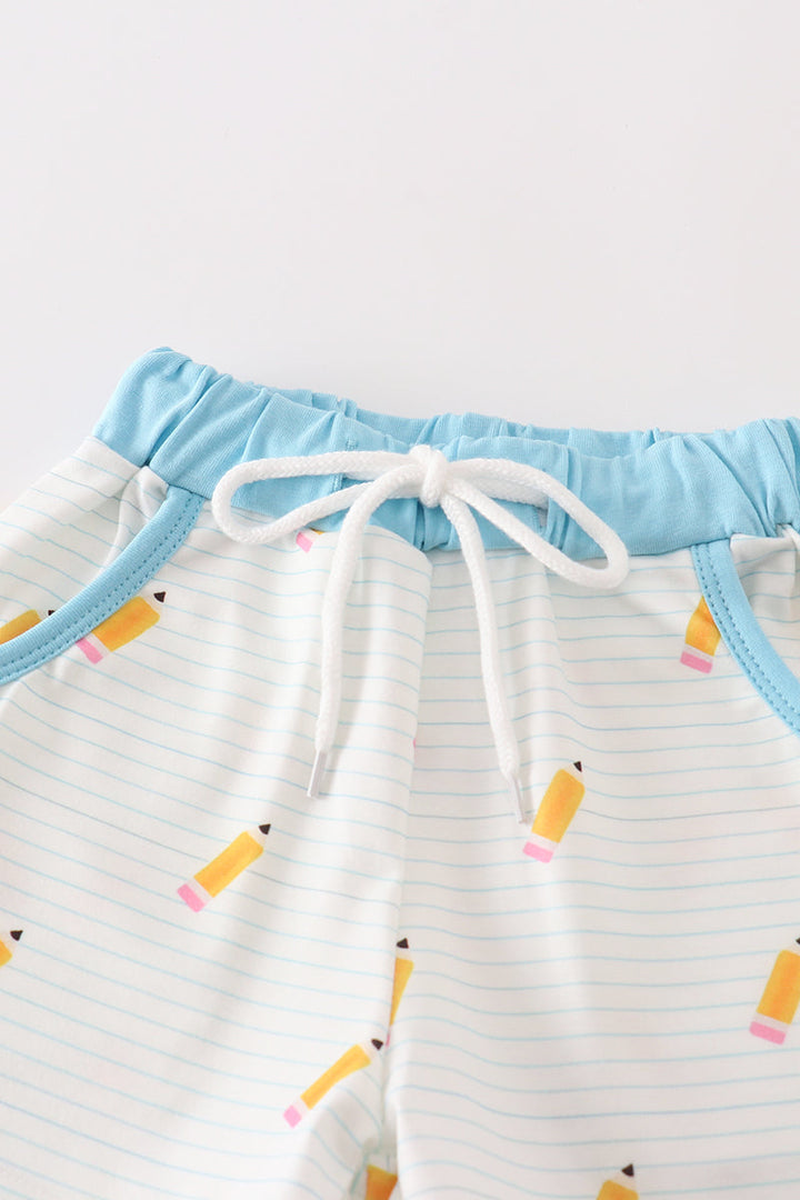 Blue Pencil Embroidery Boy Shorts Set