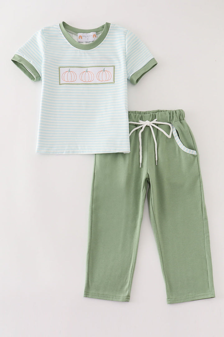 Green Pumpkin Embroidery Stripe Boy Set