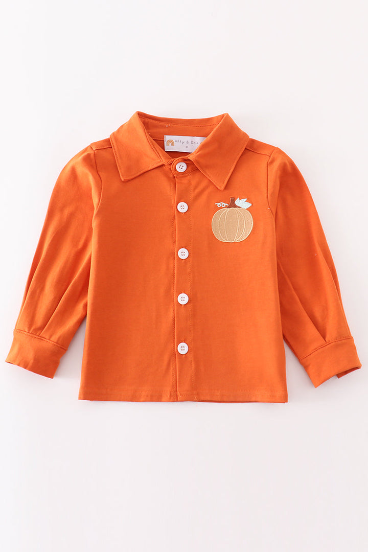 Brown Pumpkin Embroidery Boy Shirt