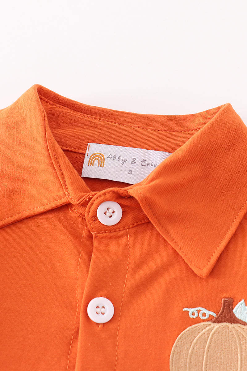 Brown Pumpkin Embroidery Boy Shirt