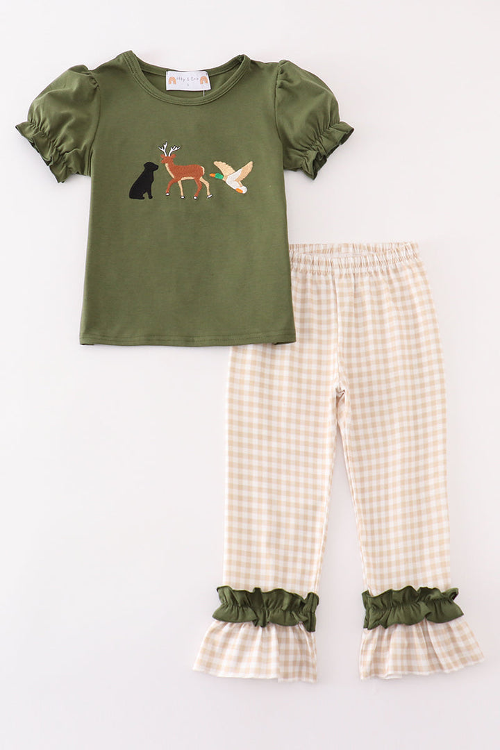 Gingham Hunting Embroidery Girl Pants Set