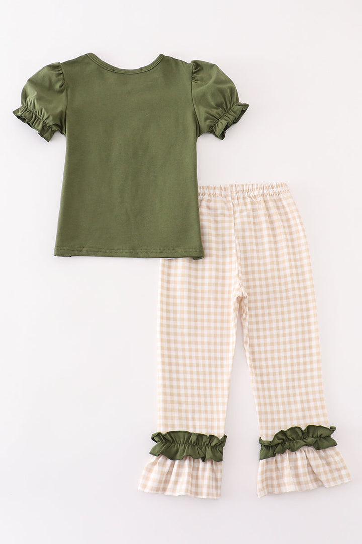 Gingham Hunting Embroidery Girl Pants Set