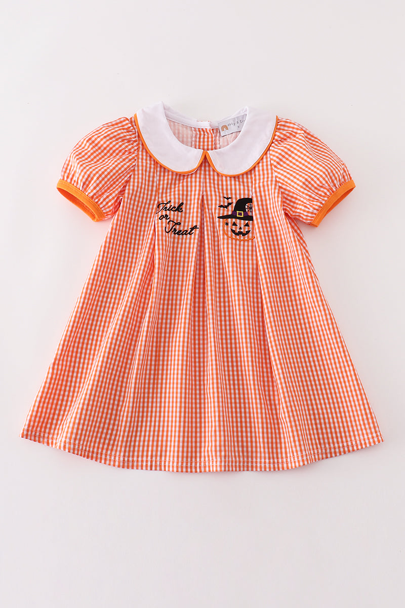 Orange Plaid Halloween Embroidery Dress