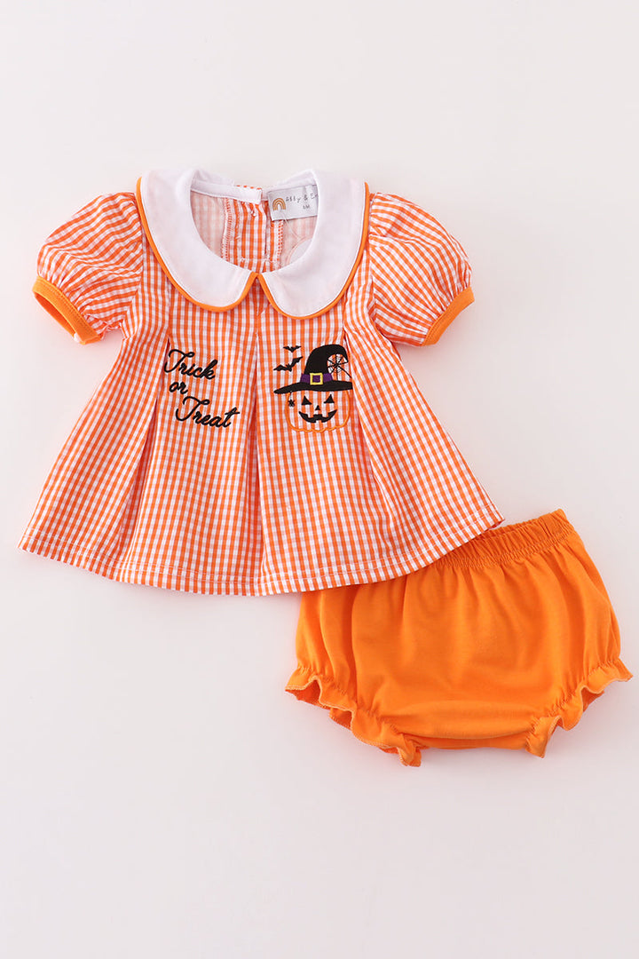 Orange Plaid Halloween Embroidery Baby Set