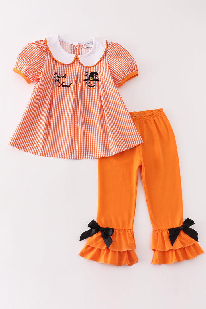 Orange Plaid Halloween Embroidery Girl Set