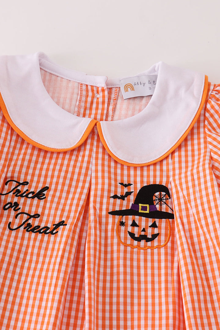 Orange Plaid Halloween Embroidery Girl Set